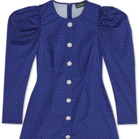NWT DANIELLE BERNSTEIN Navy Long puff sleeves POLKA DOT DRESS Rhinestone buttons - Picture 7 of 10